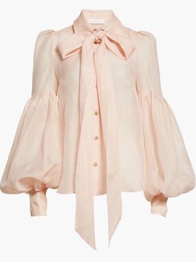 Zimmermann Pale Pink Puff Sleeve Tie-Neck Blouse Size 3